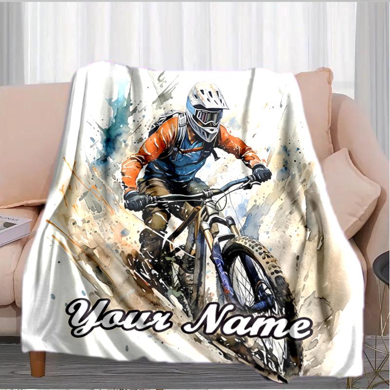 1PC Custom Name Mountain Bike Adventure flannel blanket versatile,all-season throw suitable for the living room,bedroom,camping,travel,and gift