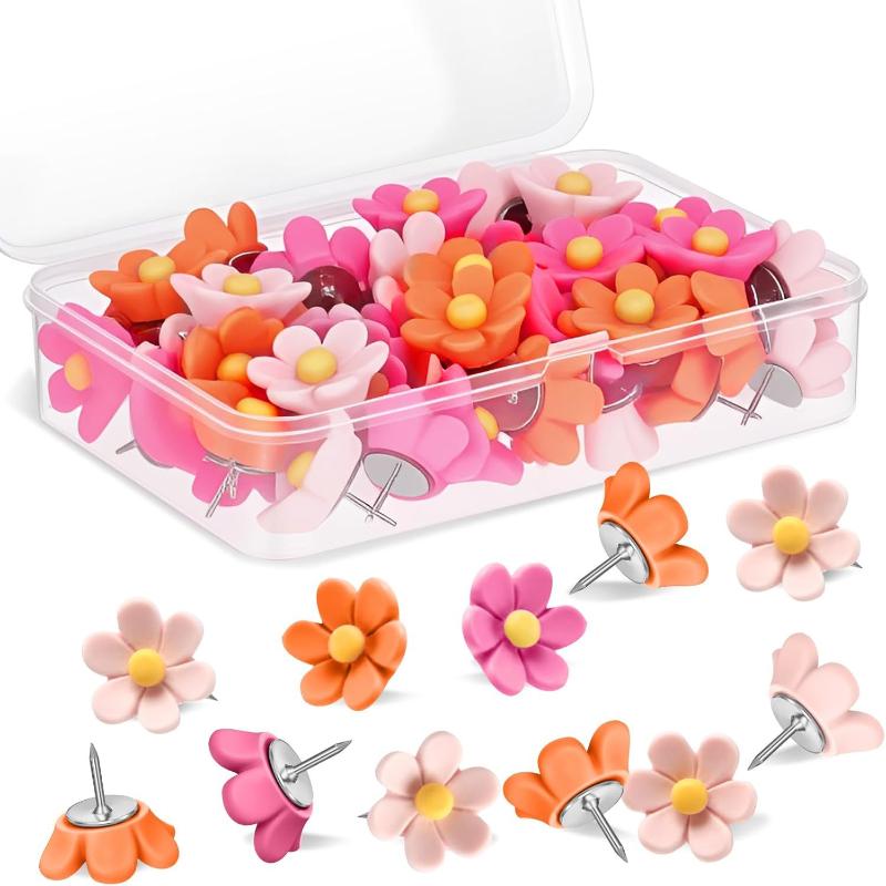 20pcs Floral Pushpins - Decorative Resin Flower Thumbtacks For Photo Walls & Office Supplies