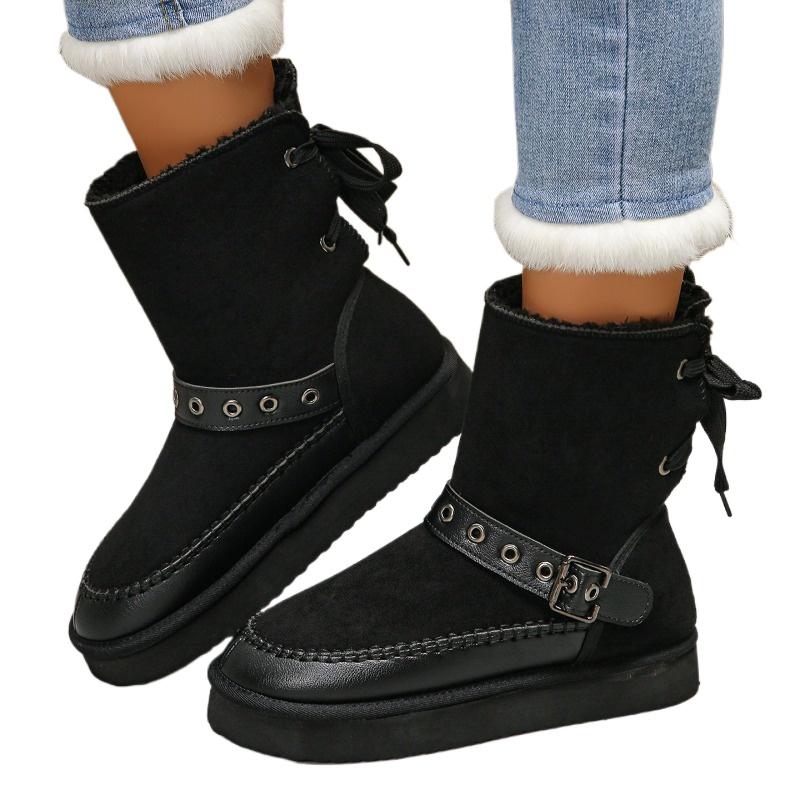 Мода 2024 года, модная женская обувь, женские ботинки со шнуровкой сзади, модные повседневные ботинки с пряжкой на ремне, женские новые ботинки больших размеров, сохраняющие тепло, зимние ботинки