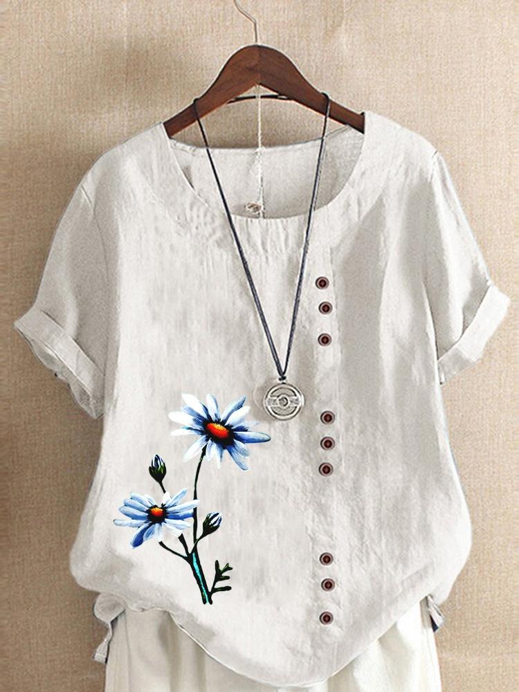 Summer Casual Flower Print Loose T-shirts Vintage Cotton and Linen O-Neck Plus Size Short Sleeve Blouse Tops For Women S-5XL