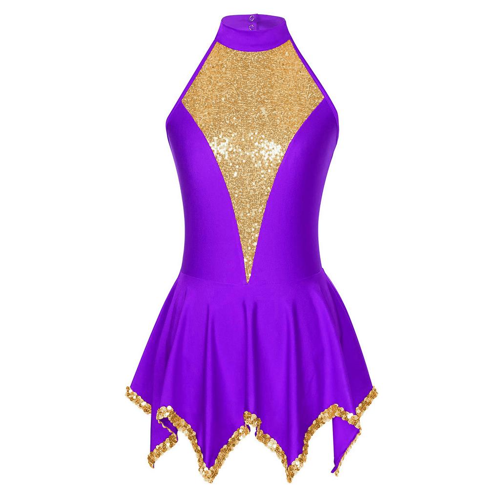 Women Girls Sleeveless Halter Figure Ice Skating Dress Sequins Gymnastic Dance Leotard Competition Costume