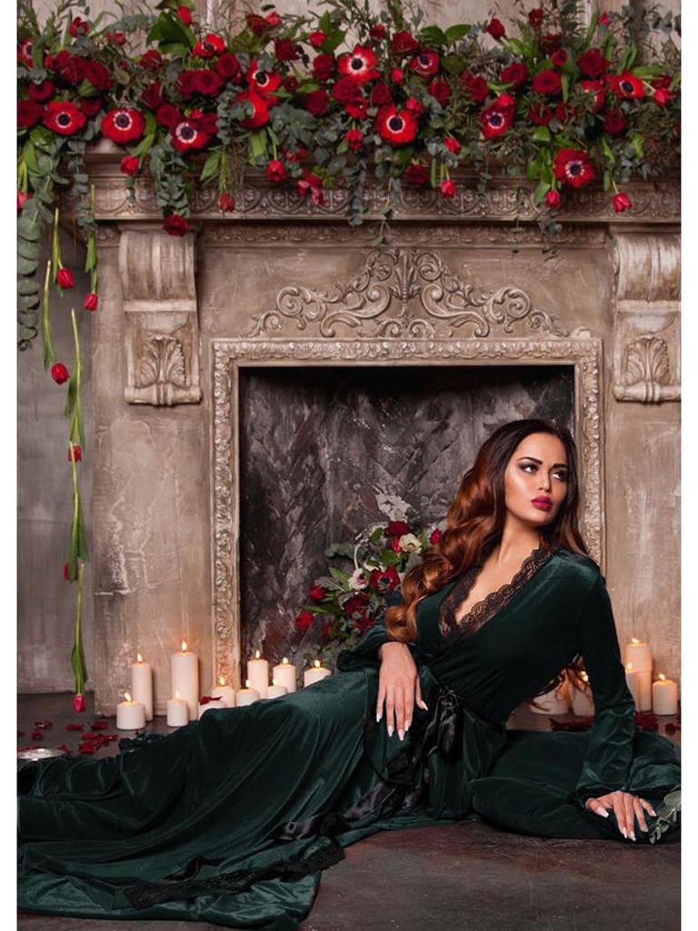 Женский длинный золотой велюровый комплект ночной сорочки и халата – Большой размер, Осень/Зима