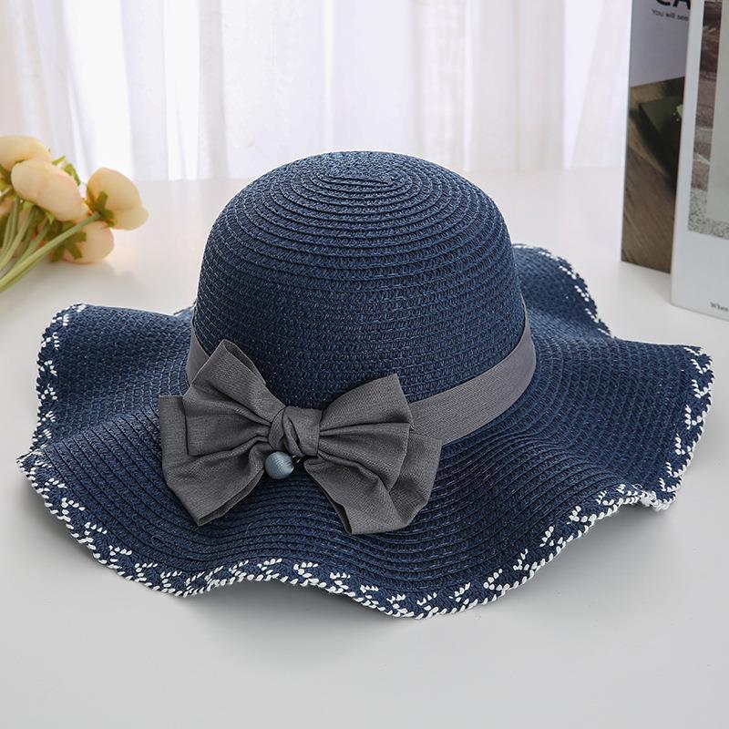 Hat Women's New Summer Wave Big Brimmed Grass Hat Versatile Bow Sunscreen Beach Women's Grass Hat