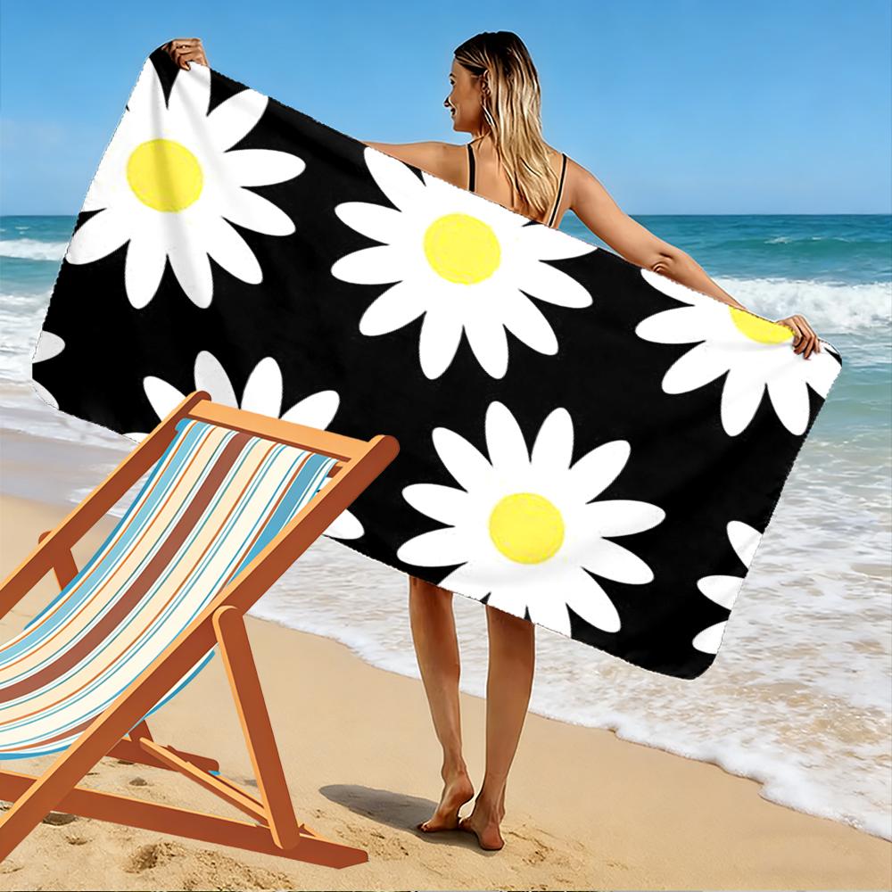 White Daisies on Black Background Beach towel quick-drying for travel outdoor sports jogging beach and swimming