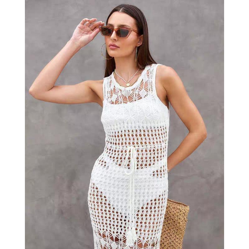 Летнее женское полое вязаное сексуальное платье с кисточками, пляжное бикини, прикрытие, праздничный купальник, длинное платье