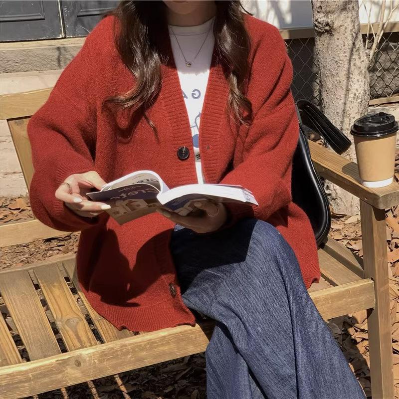 Осенне-зимний женский свитер-кардиган, куртка, свободный однотонный вязаный кардиган с ленивым ветром, простой вязаный кардиган