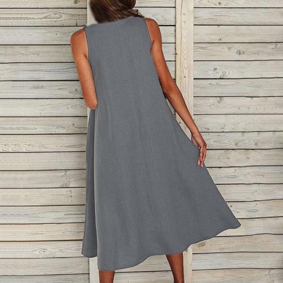 Винтажное женское однотонное платье с круглым вырезом, без рукавов, с карманами, с широким подолом, длинное, свободного кроя