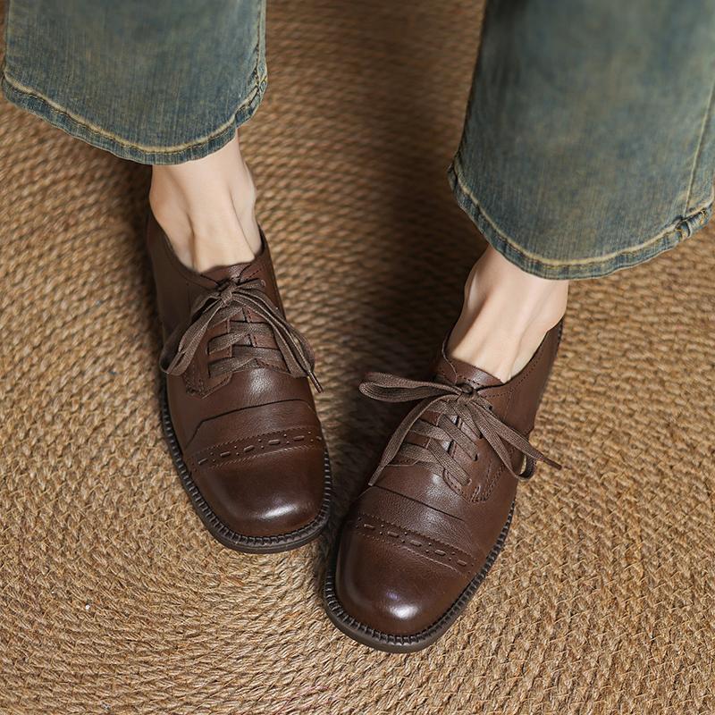 Модная женская обувь Оксфорды из натуральной кожи Весна 2025 Новая обувь на толстом каблуке Классическая винтажная офисная обувь на шнуровке Женские туфли-лодочки на высоком каблуке
