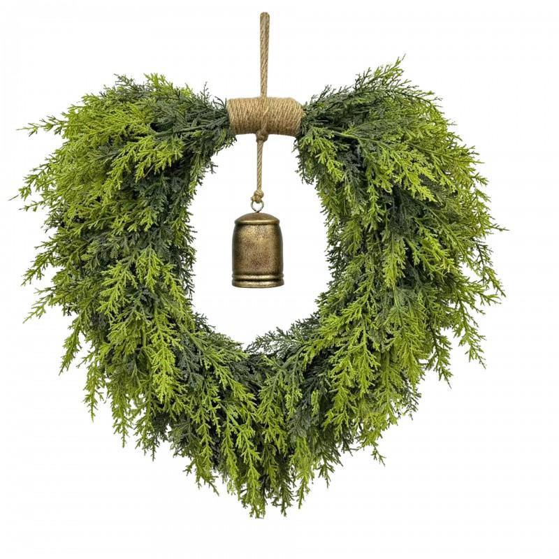 50cm Heart-Shaped Bell Wreath Christmas Door Wall Decor Plastic Pinecone Cedar Style American Home Holiday Decoration
