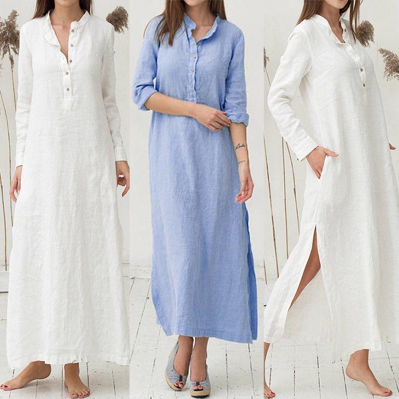 Luxurious Women's Kaftan Cotton Long Sleeve Plain Casual Oversized Maxi Shirt Dress