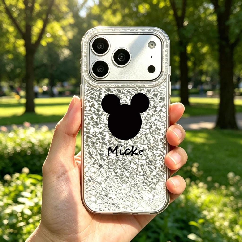 Чехол с контуром головы Микки для iphone 18 Pro Max 17 Pro 16 Plus 14 XR 13 Air 11 XS Max 15 12 Серебристый Блестящий Фон с Трещинами
