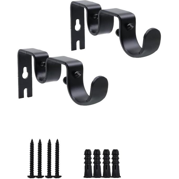Double Curtain Rod Bracket 2 Pack Metal Curtain Rod Hooks for Wall,Sturdy Curtain Rod Bracket with Screws,Black Wall Mounted Curtain Rod Holders for