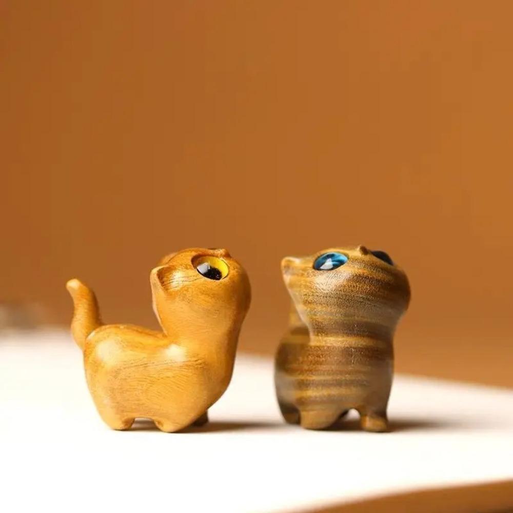 Cute Handcrafted Kitten Figurine Miniature Wooden Cat Home Decor Carving Cat Ornaments