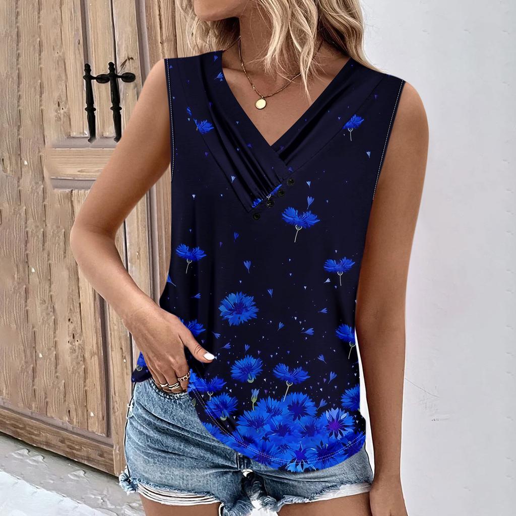 Летние женские топы на бретелях с v-образным вырезом, повседневные рубашки без рукавов с принтом, повседневные свободные плиссированные футболки, футболки, женская блузка