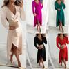 Autumn/Winter V-Neck Long Sleeve Ruched Slit Dress for Women