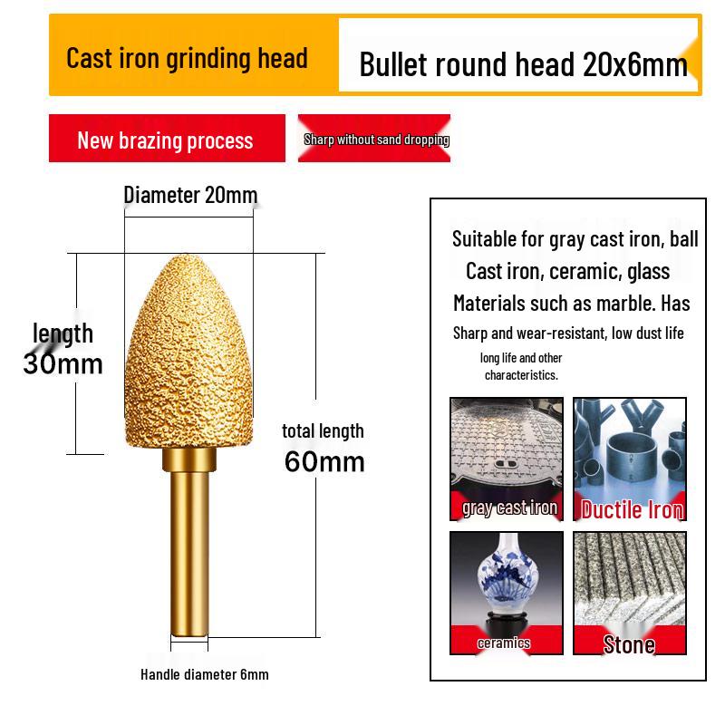 Diamond Brazed Carbide Grinding Head for Ductile Iron & Stone, Compatible with Electric Drills