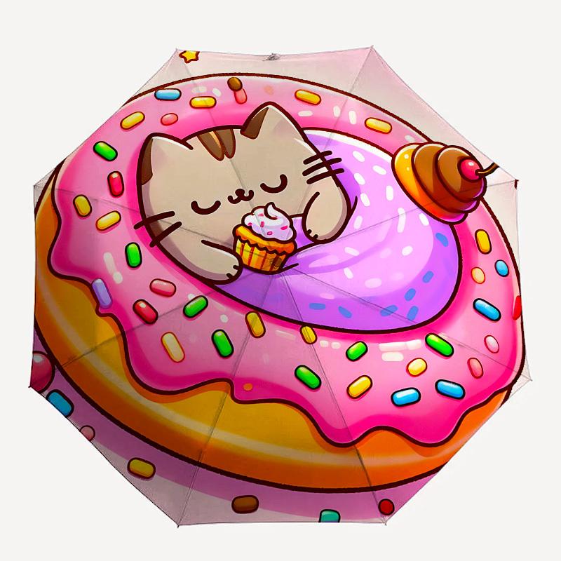 Donut, CatThemed Automatic Opening and Closing Umbrella 8 Ribs, Suitable for Leisure and Going Out, Outdoor Accessory, Gothic Style, Fashi
