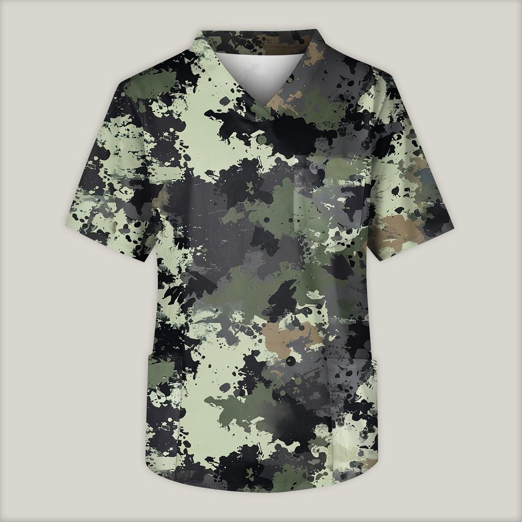 Мужская рабочая блузка с короткими рукавами и v-образным вырезом с принтом, топ с нагрудным карманом