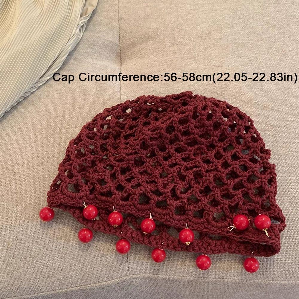 Breathable Hollowed Out Knitted Hat Round Beads Pearl Fringed Crochet Hat Handmade Beret Cap Fashion Headwear