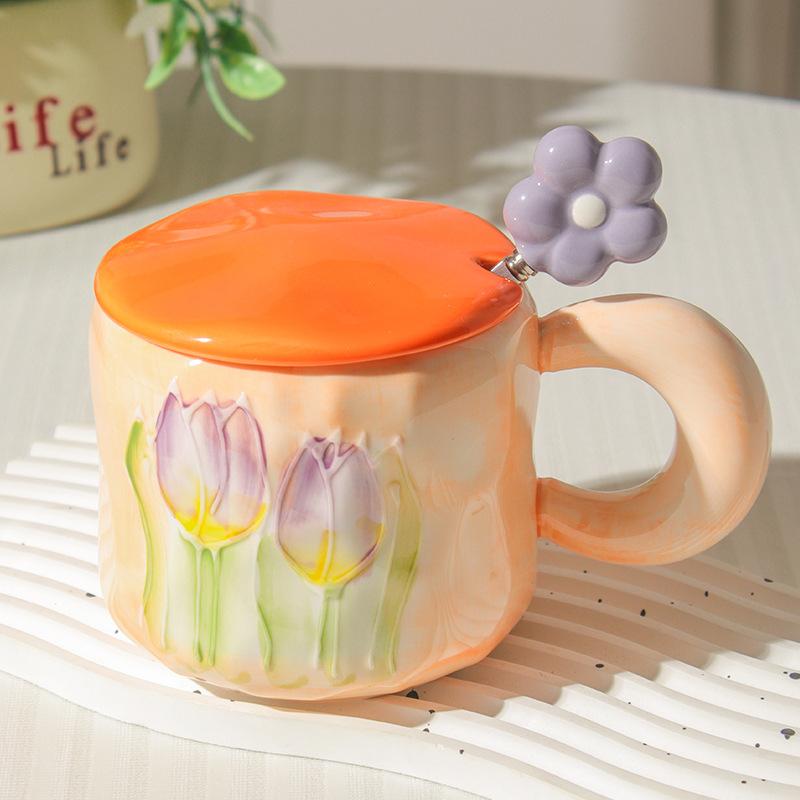 Высокоценная чашка-тюльпан в стиле инс для девочек, милая керамическая кружка с крышкой и ложкой, парная, для дома, для кофе