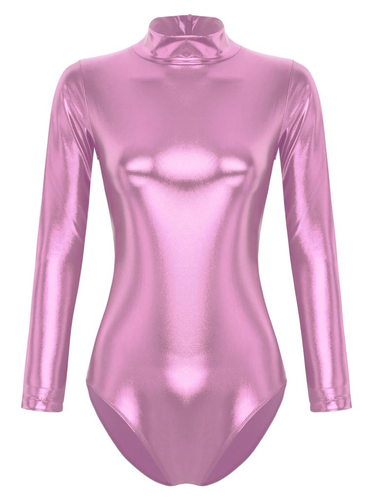 Женский блестящий спортивный купальник металлик, боди с длинным рукавом, облегающие узкие колготки, цельный комбинезон Rave Disco Party Performance