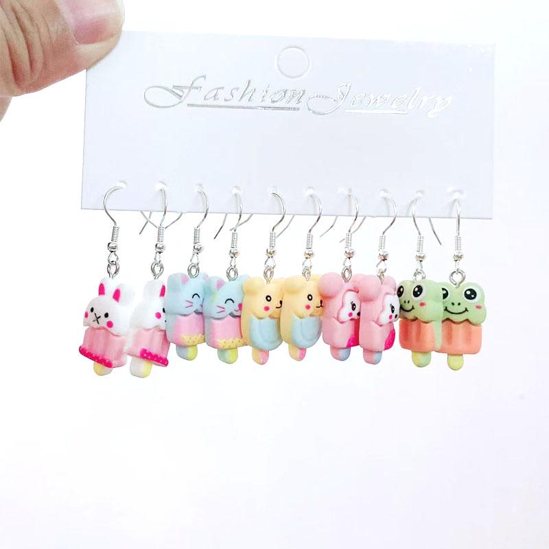 5 Pair Set Small Fresh Colored Resin Pendant Earrings Luminous Turtles Lollipop Ducks Rainbow Cat's Paws Dices Earrings Female