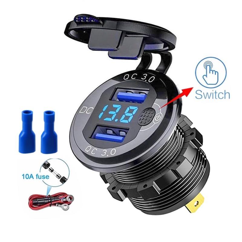 12 В/24 В, двойная USB-розетка QC3.0, автомобильное зарядное устройство, USB-разъем для прикуривателя, водонепроницаемая со светодиодным вольтметром, переключатель включения/выключения, адаптер для быстрой зарядки, автомобильные аксессуары