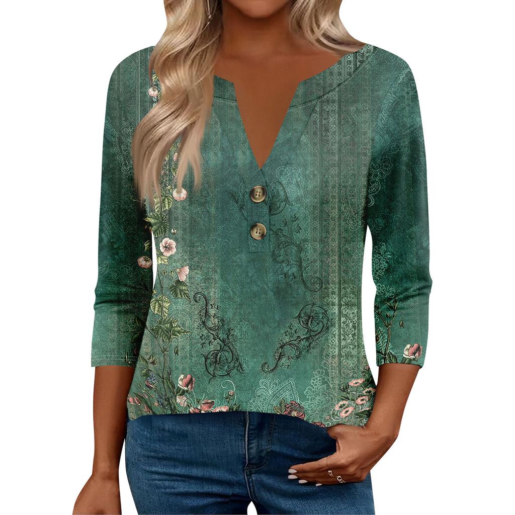 Женские топы с рукавом 3/4 для женщин, топы хенли на пуговицах с V-образным вырезом, нарядные летние женские топы свободного кроя