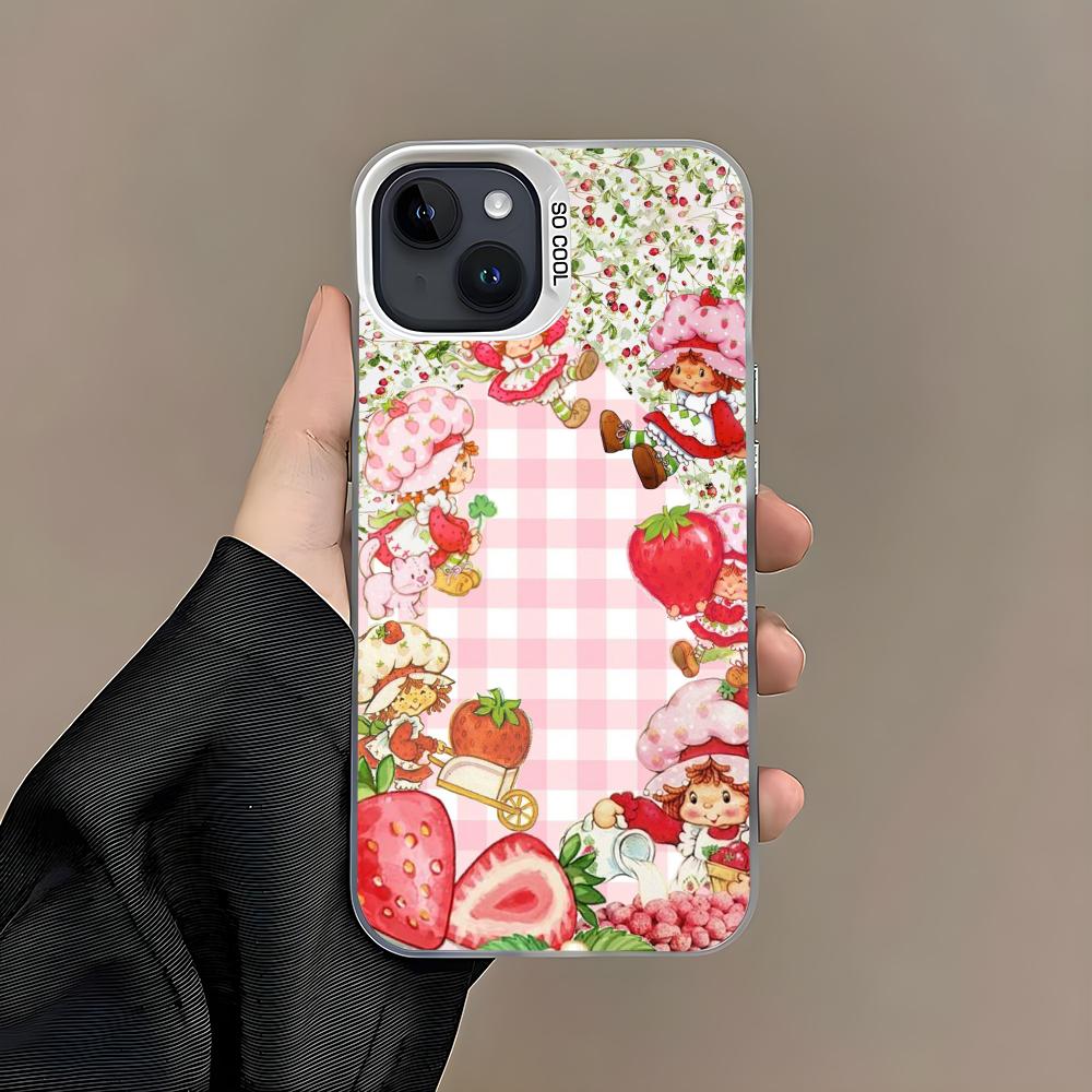 Розовая Клубничная Мультяшная S-Shortcake Чехол Для Телефона Для iPhone 16 15 14 13 12 11 Pro Max Белый Матовый Лазерный Металлик Аврора Funda