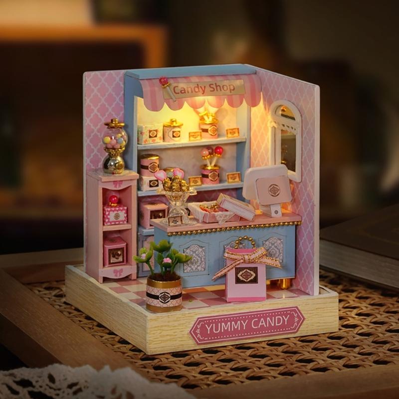 Wood Atelier Insert Candy Shop Model Dollhouses with Light Unique Craft Build Your Own Shop Model Craft