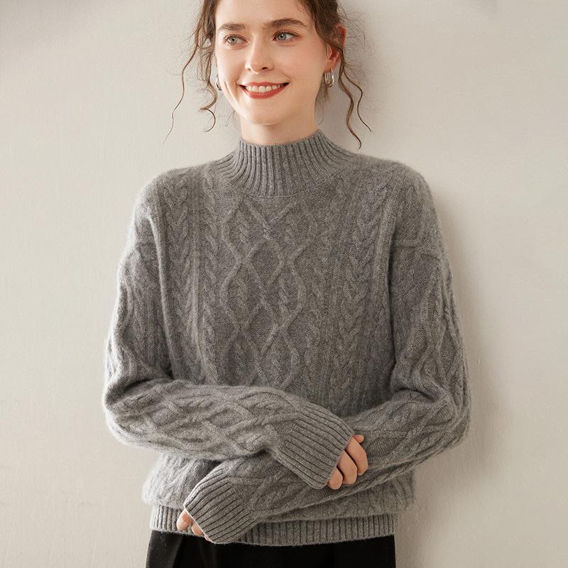 Women’s Autumn/Winter Cashmere Jacquard Sweater – Thick, Simple, Versatile, Half-High Neck, Loose Fit, Slimming Knitwear