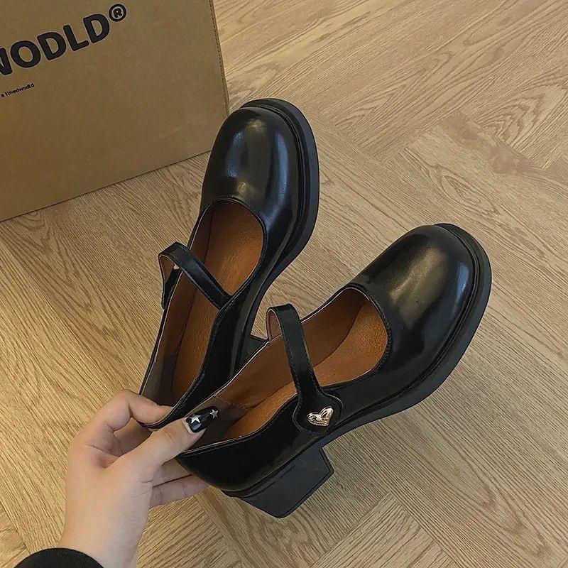2025 новая французская модель Mary Jane маленькие кожаные туфли женские весенне-осенние универсальные с ремешком-застежкой круглая головка толстый каблук jk с юбкой туфли