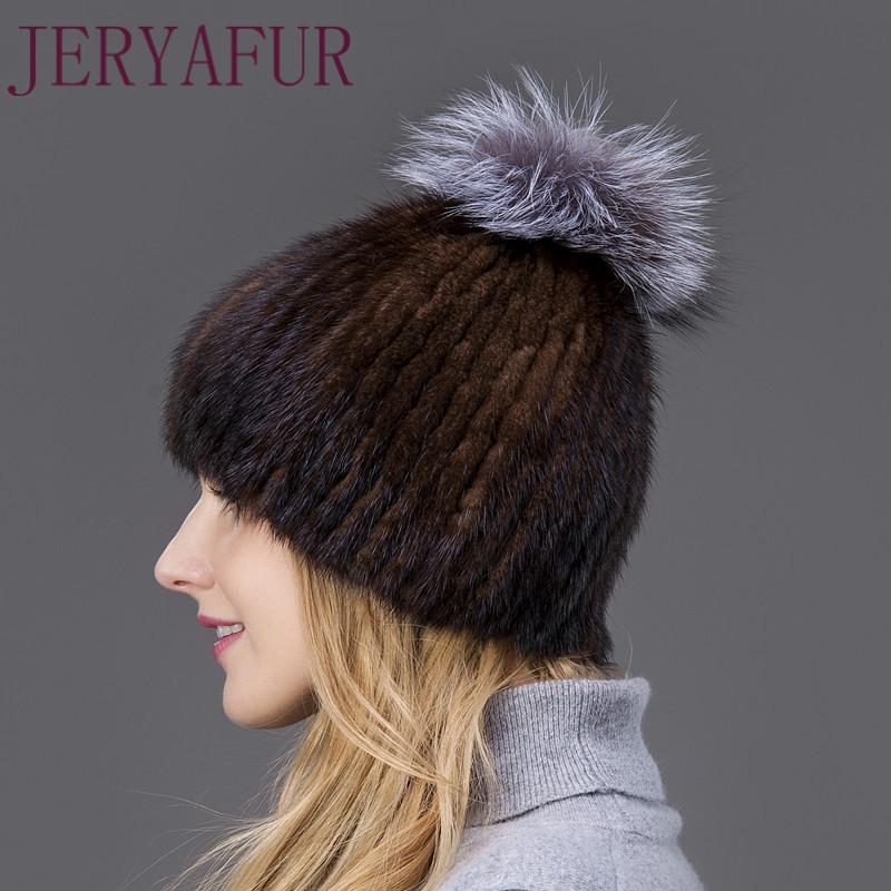 JERYAFUR Модная зимняя шапка, теплая женская вязаная шапка, норковая шапка с вертикальным тканым лисьим помпоном, лыжная шапка