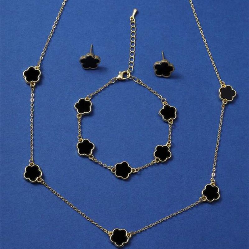 Счастливый пятилепестковый цветок, пятилистный клевер, браслет, серьги, ожерелье, комплект из трех предметов для женщин, стильные аксессуары, ювелирные изделия для вечеринок