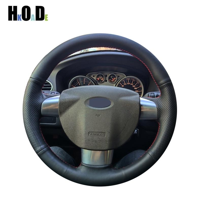 Черный кожаный чехол на руль автомобиля с ручной вышивкой для Ford Focus 2 2005 2006 2007 2008 2009 2010