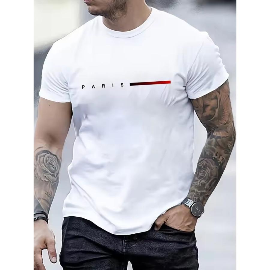 Men's 100% Cotton Summer Loose PARIS Creative Letter Print Casual Slim Fit Round Neck Short Sleeved T-shirt Top