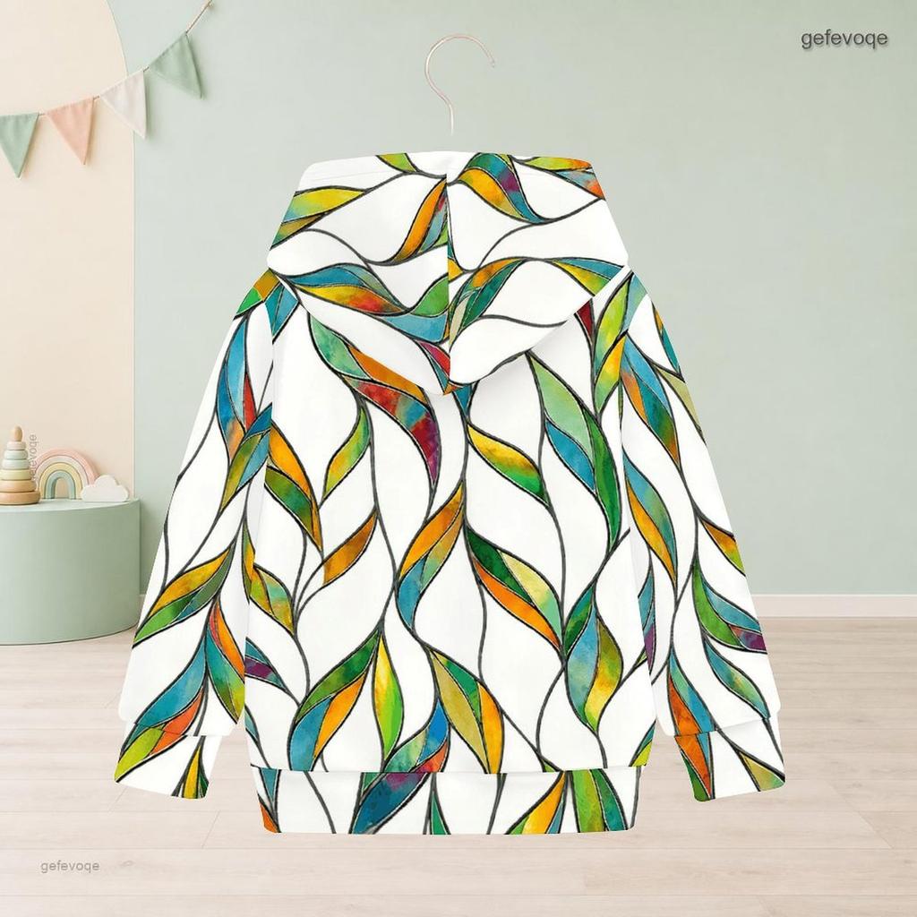 Girls Long Sleeve Hooded Sweatshirt Green Blue Leaf Printed Pullover