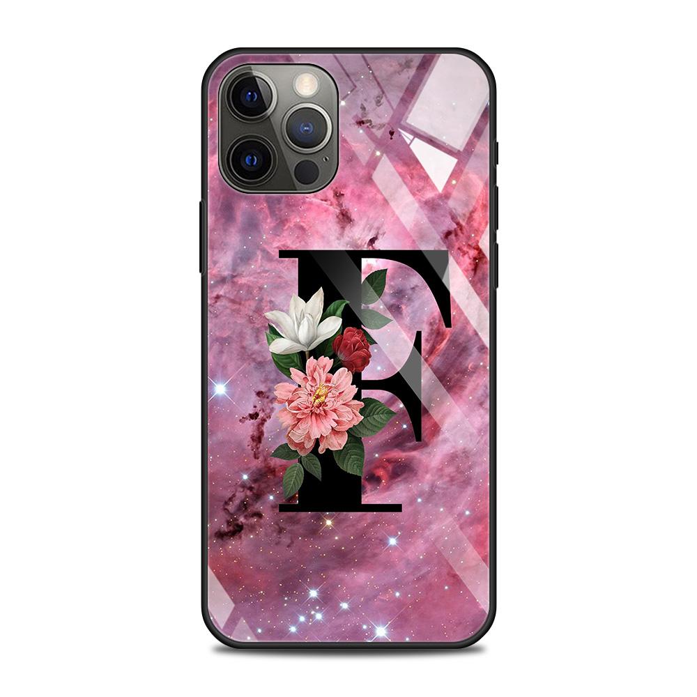 Чехол из закаленного стекла для iPhone 14 12 11 Pro Max 13 12 Mini X XR XS Max 8 7 6s Plus силиконовый чехол с надписью AB цветы розовый