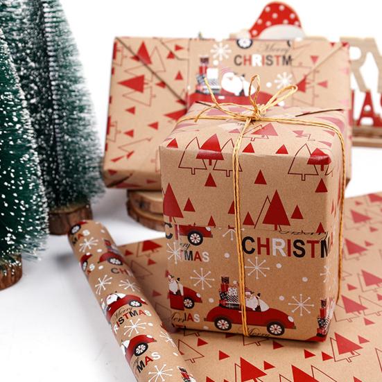 Винтажная толстая коричневая праздничная упаковочная бумага с рисунком рождественской елки, грузовика, снежинки для дня рождения, Нового года, для вечеринки