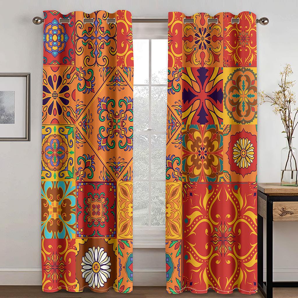 Bohemian Retro Luxurious Curtain Thin Polyester Sunshading Window Decorative Boho Printing Curtain Bedroom Finished Curtains