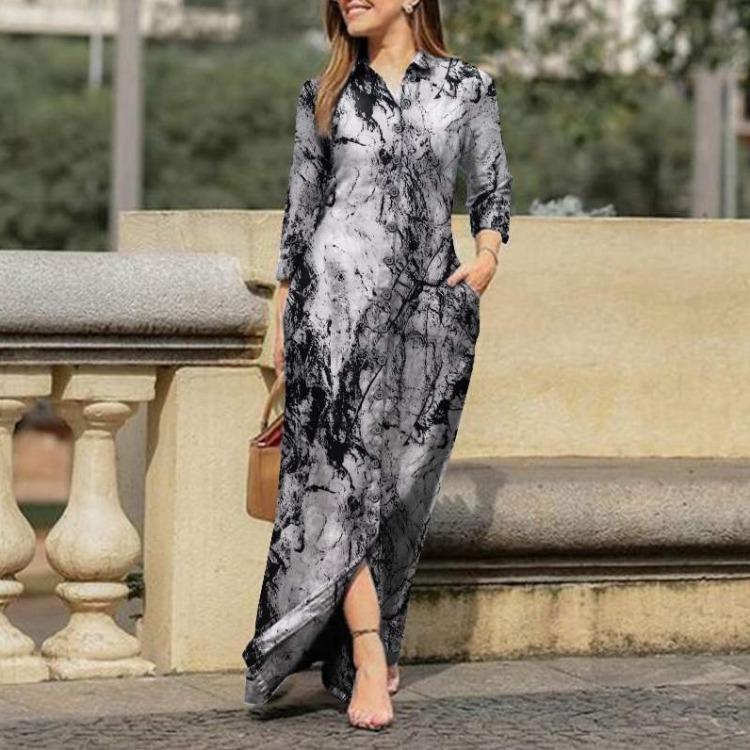 GMXIA Женская мода лето весна сплошной цвет печати с длинным рукавом ПОЛО шеи свободные повседневные платья на пуговицах