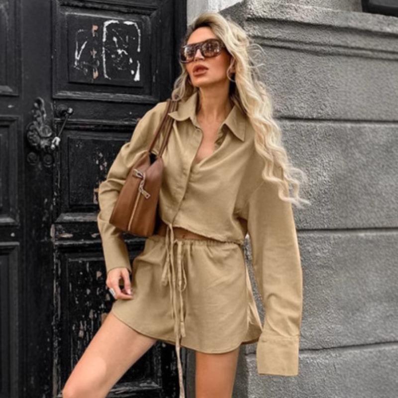 Khaki Cotton Linen Shorts Sets Women Spring Causal Long Sleeve Lapel Crop Shirt Lace-Up Wide Leg Shorts Simple Suits