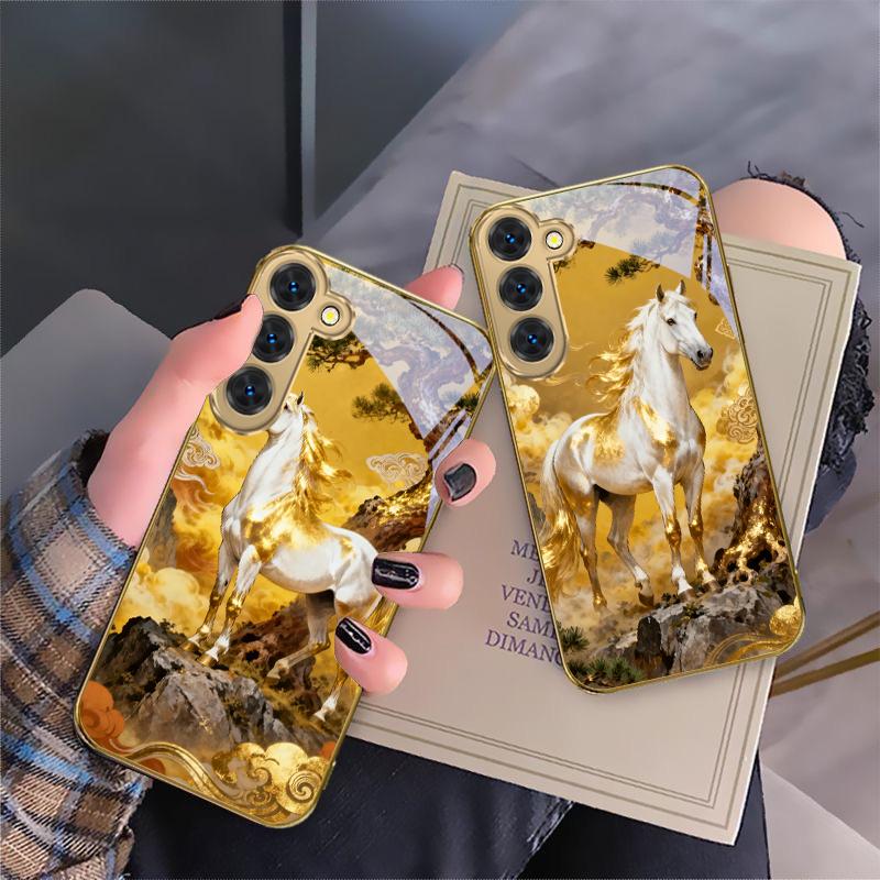Высокая и крепкая лошадь Для Samsung Galaxy S26 S20 FE S21 S22 S23 Plus S24 Ultra S25Ultra S21+ S22Plus Золотой стеклянный чехол для телефона