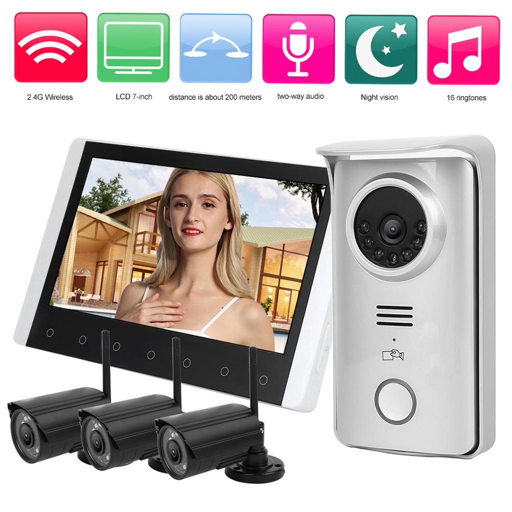 2.4G Wireless Video Intercom 7in TFT LCD Doorbell Swipes Card Night Vision Visual Doorphone with 3