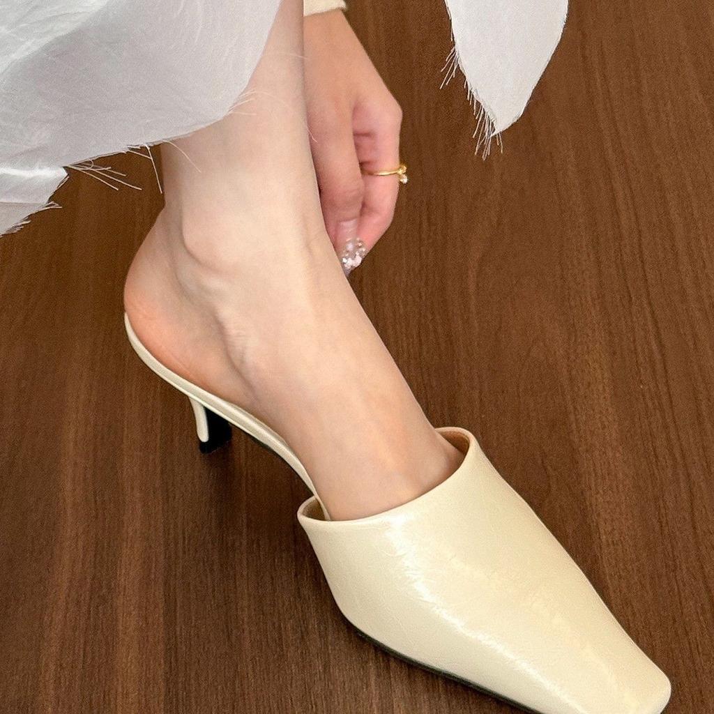 Кремовые женские полушлепанцы с квадратным носком, весенняя уличная обувь 2025, мюли на шпильке