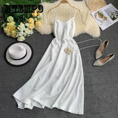 Летнее праздничное платье с перекрестными бретельками и открытой спиной, однотонные женские платья до щиколотки в пляжном стиле