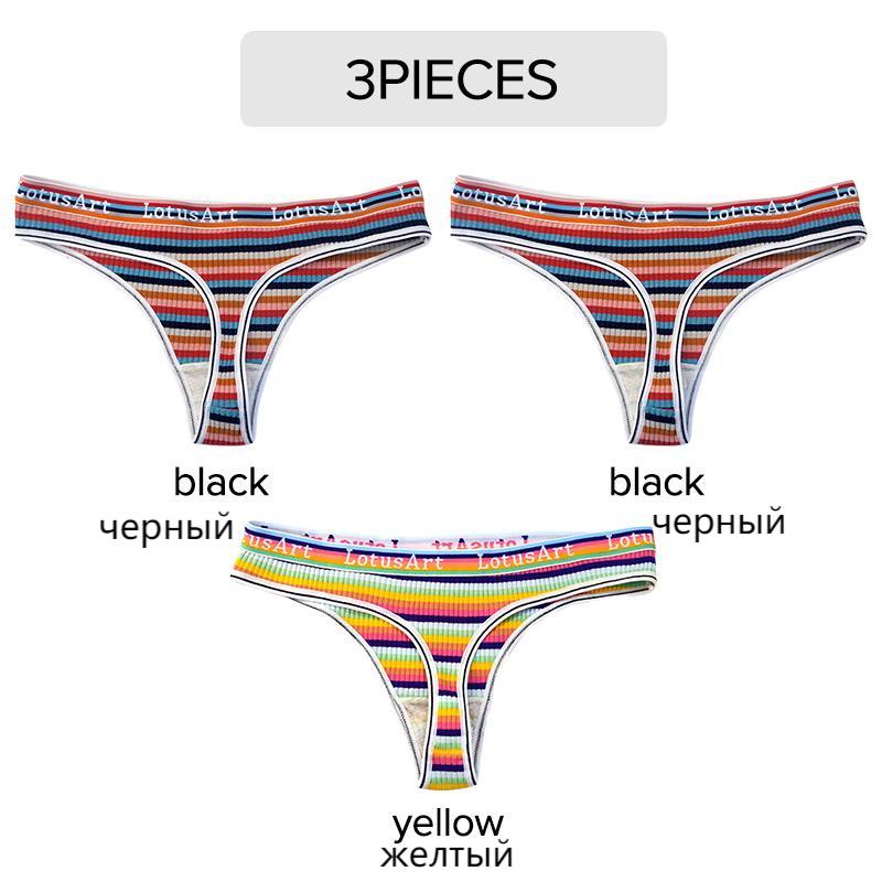 3Pcs/set Plus Size Knit Rainbow Thongs Cotton Stripe Print Anti-shrink Lady Underwear Low Rise T-Back Underwear for Home Women Briefs