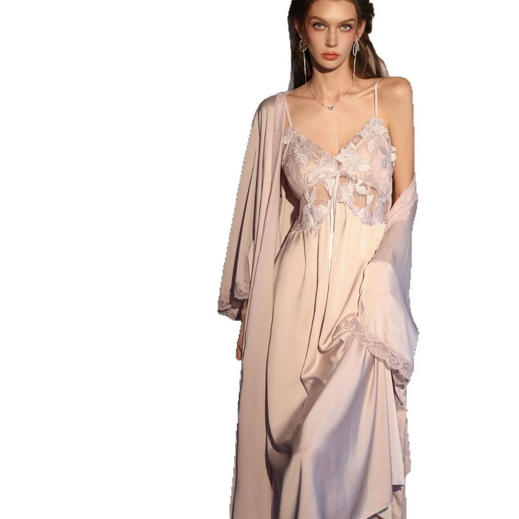 Сексуальная пижама женская Ледяная лента Нагрудная подушечка Французская пижама на бретельках Длинная выше колена Магнолия Чистое желание Домашняя одежда