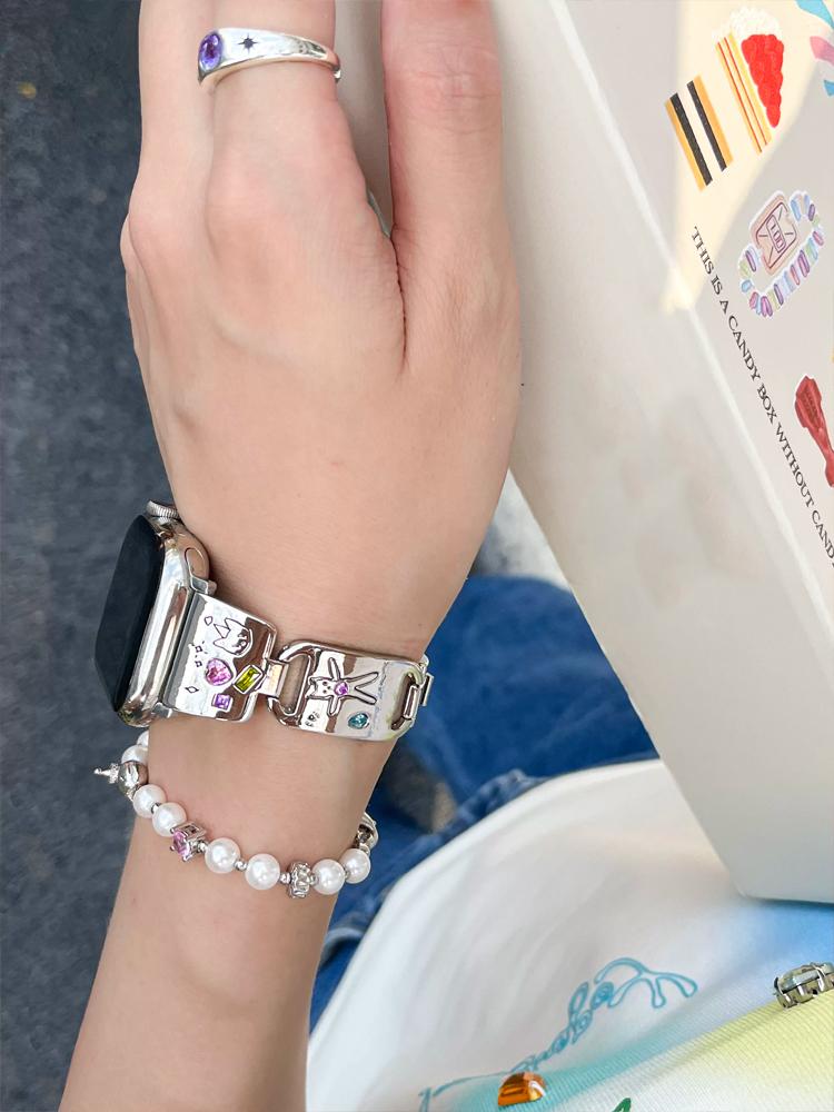 Cute Cat Glossy Metal Band For iWatch Ultra 9 8 7 42mm 45mm 49mm Diamond Bracelet Strap For Apple Watch 38mm 40mm 41mm 6 5 SE 4