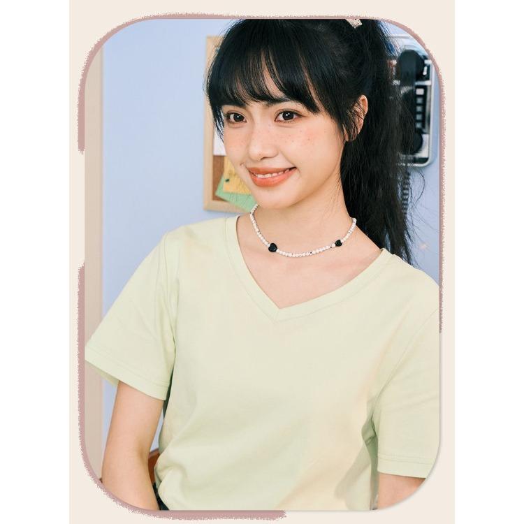 Свободная летняя однотонная футболка с коротким рукавом и V-образным вырезом, женская антибактериальная дышащая футболка с коротким рукавом